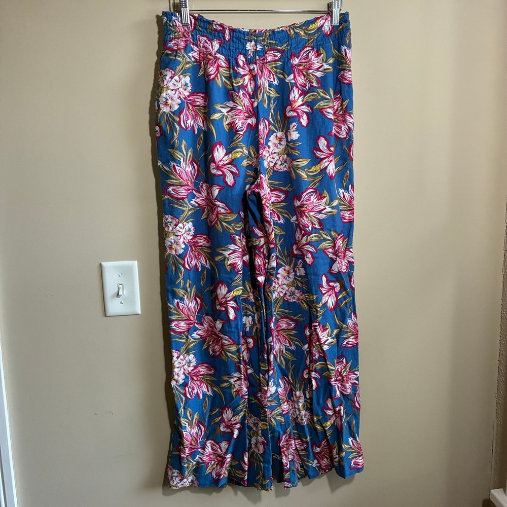 Old Navy Floral Wide Leg Palazzo Pants Medium Blue Pink Womens Rayon Tropical